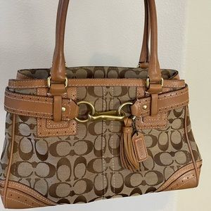 Coach Hampton Brown Leather Signature Satchel Bag.